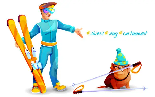 Vector illustration of Skiing and vacation concept in cartoon style. Young male skier with skis and bulldog skier with poles on an isolated white background. Stylish cartoon characters in full growth.