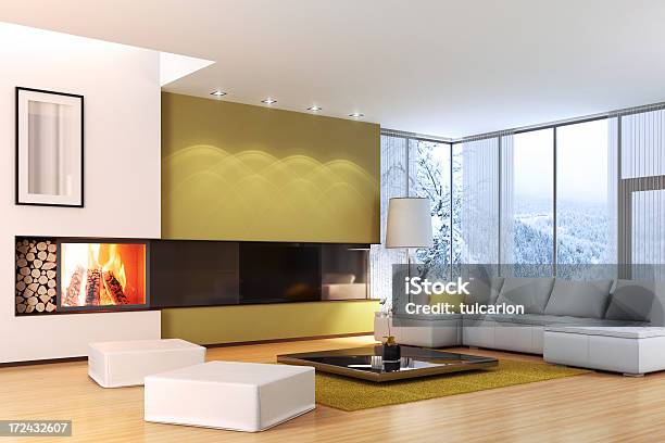 Modern Interior With Fireplace Stock Photo - Download Image Now - Home Interior, Luxury, Winter