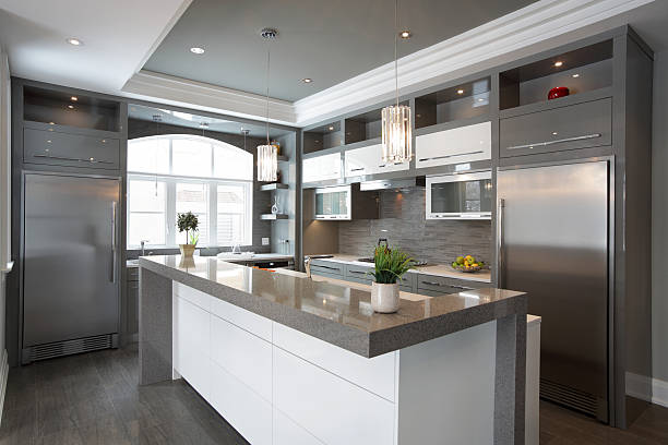 Luxury Kitchen Interior of modern luxury kitchen in North American private residence. refrigerator photos stock pictures, royalty-free photos & images