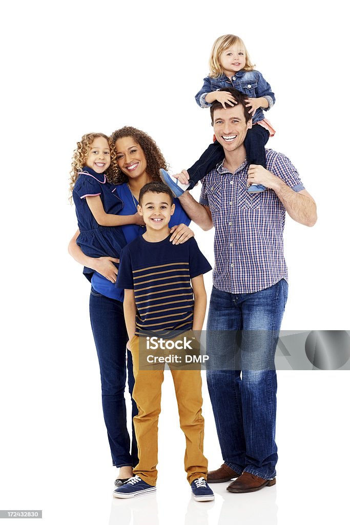 Mixed race family of five smiling together on white Portrait of mixed race family of five smiling together on white background Family Stock Photo