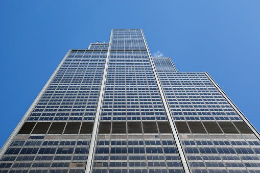A side view, looking up at Chicago's Willis Tower (formerly the Sears Tower), the tallest building in the Western Hemisphere.
