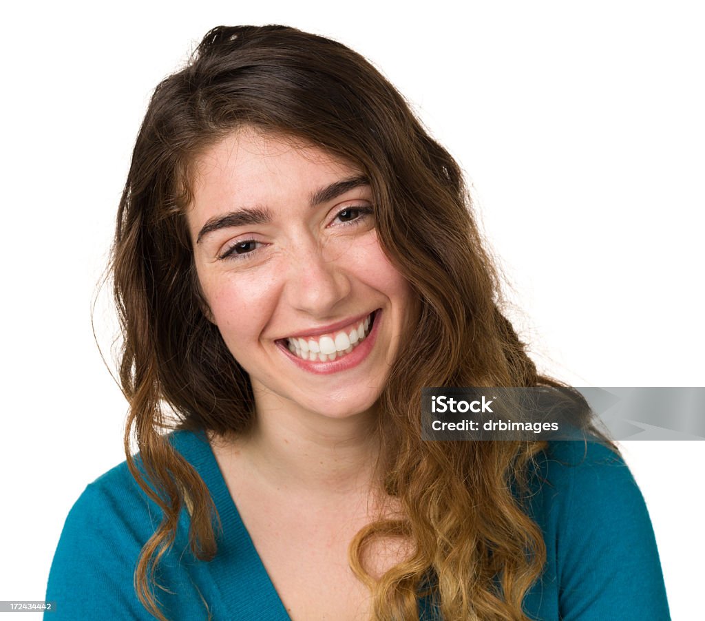 Laughing Young Woman Close Up Portrait Portrait of a young woman on a white background. 20-24 Years Stock Photo