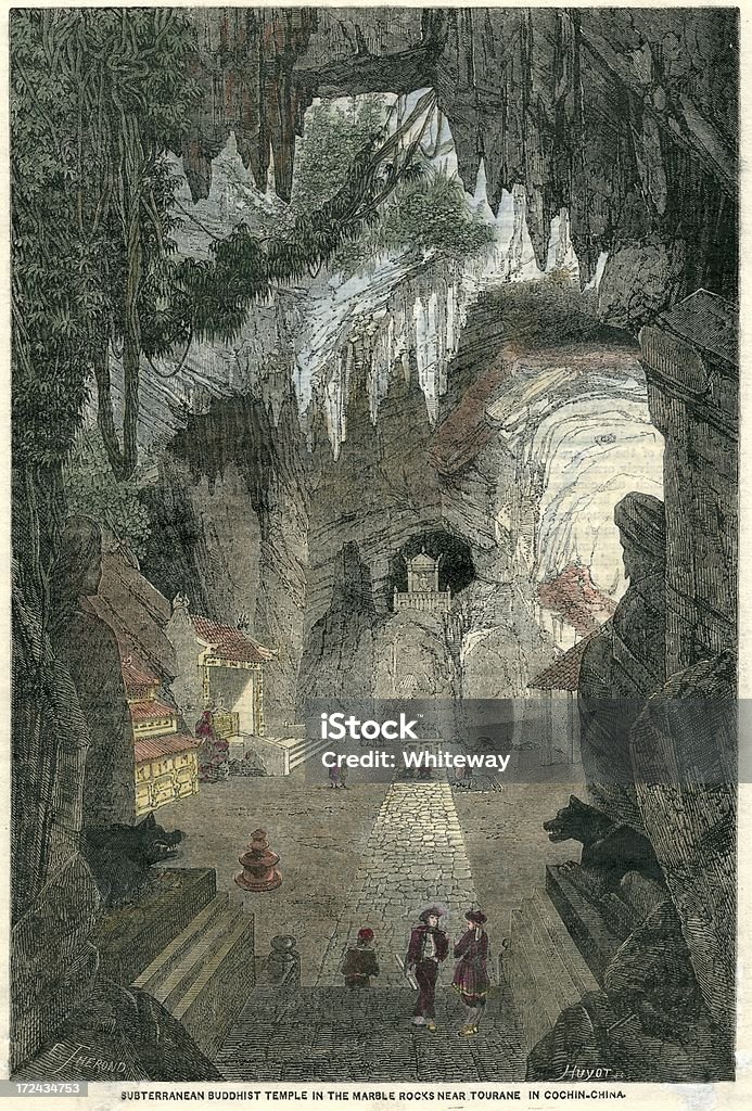 Vietnam Grottes bouddhistes du temple en bois gravé 1874 - Illustration de Gravure libre de droits