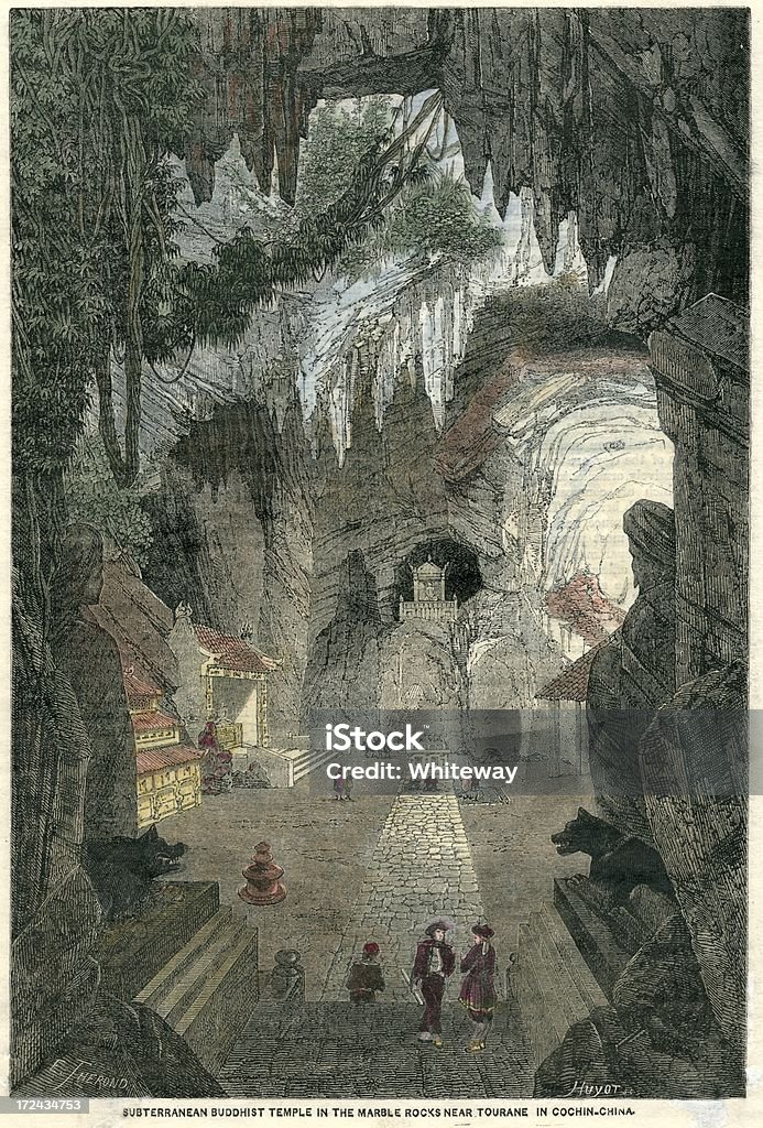 Vietname de cave temple madeira gravação 1874 - Royalty-free Gruta Ilustração de stock