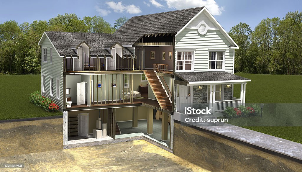 Residential building section 3D rendering of the residential house cross section House Stock Photo