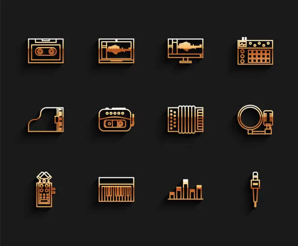 Vector illustration of Set line Microphone, Music synthesizer, Retro audio cassette tape, equalizer, player, and Musical instrument accordion icon. Vector