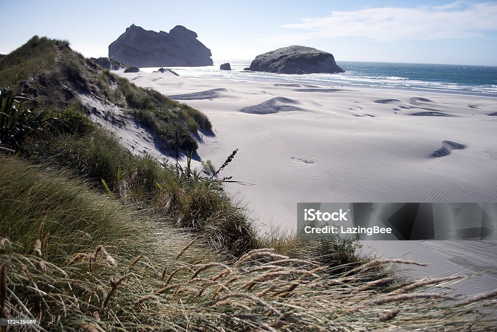 Dunas de areia de praia dourada Wharariki, Baía, Nova Zelândia - Royalty-free Amarelo Foto de stock