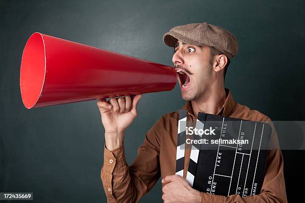 Man Shouting With Megaphone Stock Photo - Download Image Now - Film Director, Megaphone, Adult