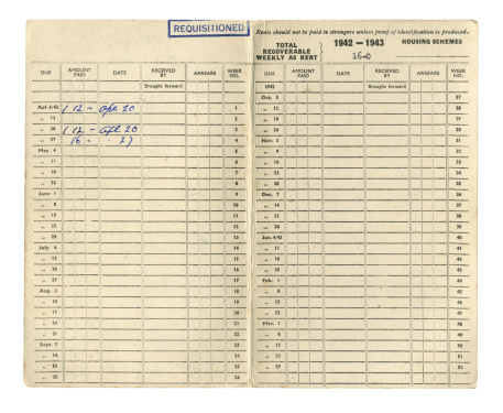 A British rent card dated 1942-43 and stamped ‘Requisitioned’. The property which the tenant was renting was apparently requisitioned by the Government for some purpose and the tenant obviously did not live in it for more than a month.
