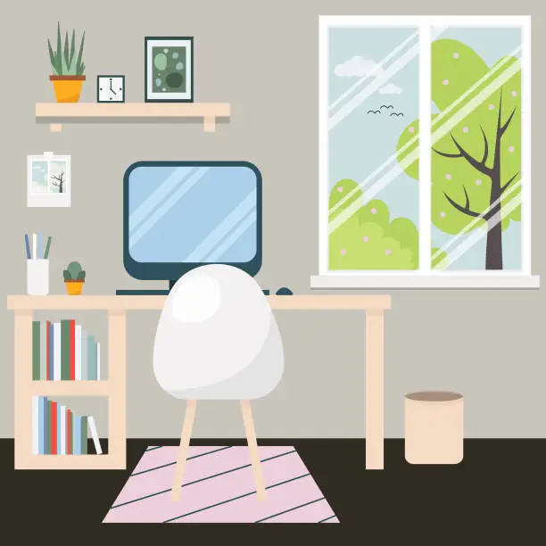 Vector illustration of Vector illustration. Graphic design of a workspace in a modern style. The time of year is spring. Spring landscape outside the window. Cozy room, workplace, computer, flowers.