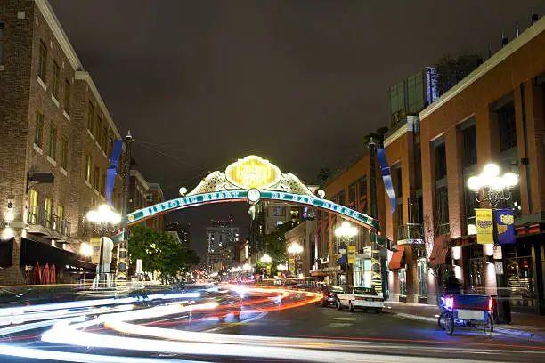 Night shot of Gaslamp Quarter in San Diego California. Long exposure.