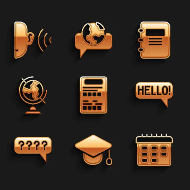 Vector illustration of Set Exam sheet, Graduation cap, School timetable, Hello in different languages, Speech bubbles with Question, Earth globe, Notebook and listen sound signal icon. Vector