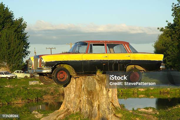 Foto de Velho Automóvel Em Um Tronco De Árvore e mais fotos de stock de Esquisito - Esquisito, Arte, Carro