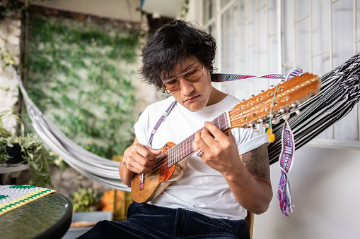 Mid adult man playing ukulele at home