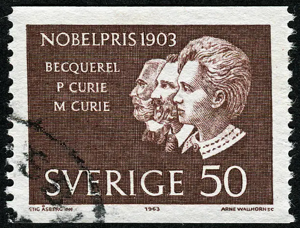 "Cancelled Stamp From Sweden Featuring The Nobel Prize Winners From 1903, Becquerel, Pierre Curie, And Marie Curie."
