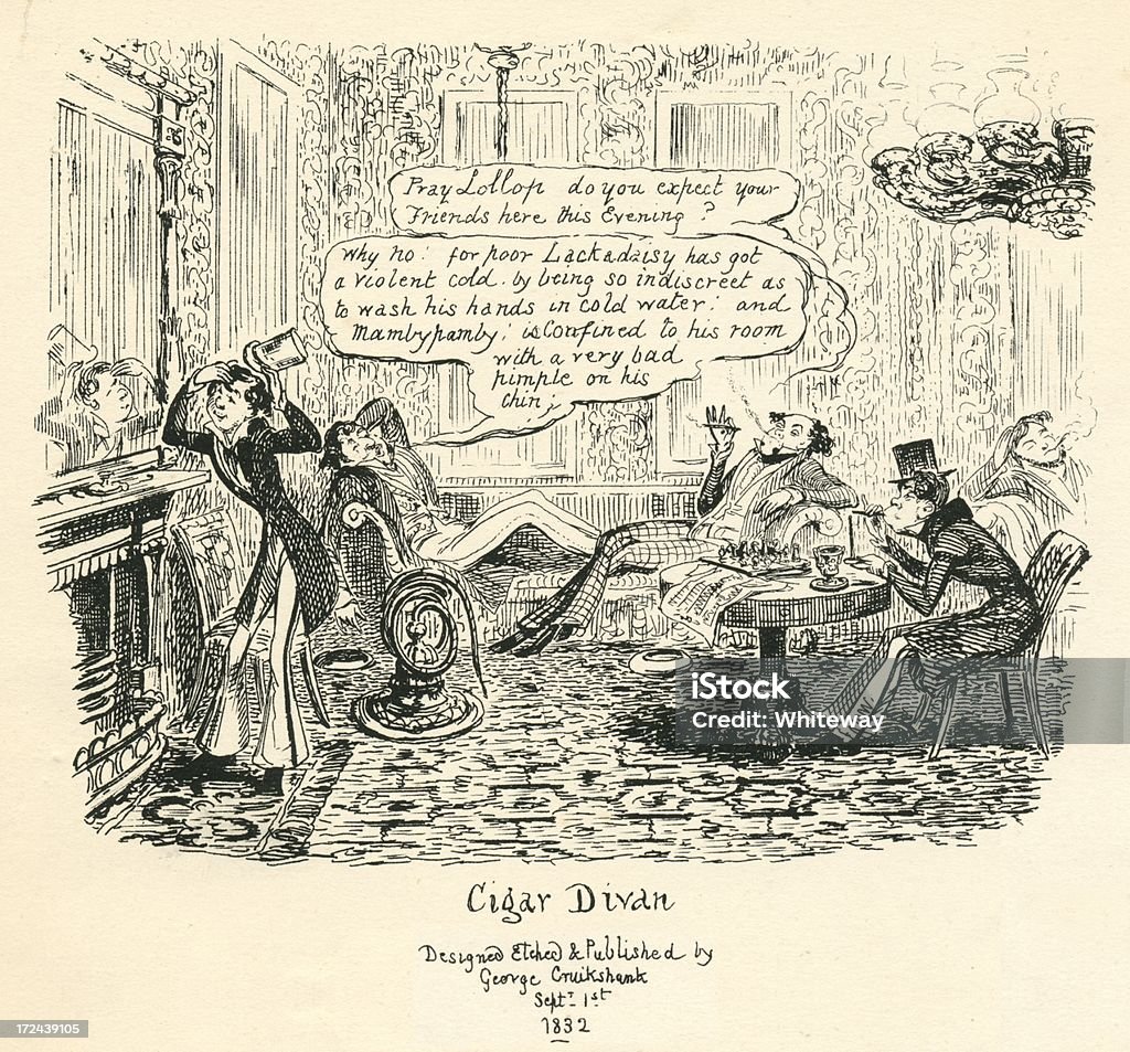 유머 심기증 및 foppish 그림이요 호실 manners 말풍선이 있는 by Cruikshank - 로열티 프리 1830-1839 년 스톡 일러스트