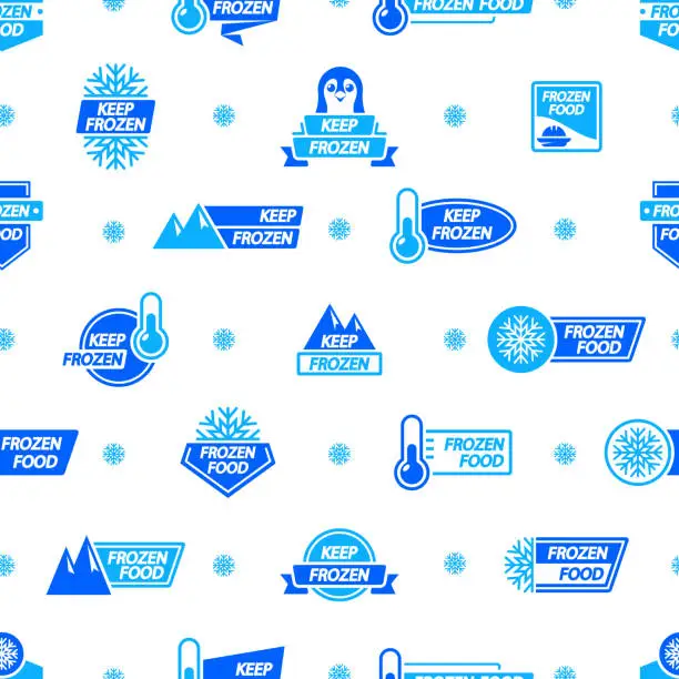 Vector illustration of Seamless Pattern with Frozen Product Labels, Featuring Keep Frozen Badges Adorned With Snowflakes, Rocks, Thermometers