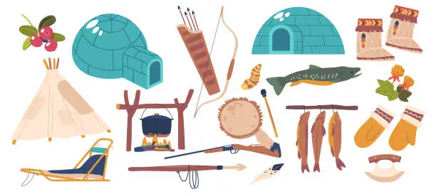 Vector illustration of Set of Inuit Items. Igloo, Gloves, Mukluks, Ulus, And Harpoon. Sled, Tambourine, Cauldron and Fish. Bow, Arrows, Feather