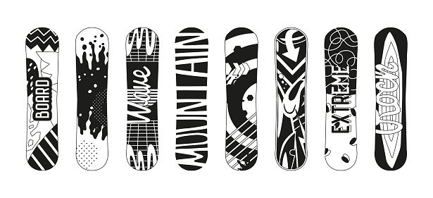 Snowboard Black And White Icons, Sleek, Stylish, And Essential For Winter Sports Enthusiasts. These Minimalist Symbols Represent The Thrill Of Shredding The Slopes. Monochrome Vector Illustration