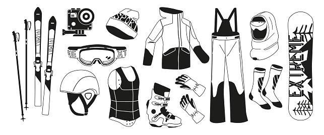 Monochrome Set of Snowboarding Equipment. Board, Bindings, Boots, Skis, Clothes, Helmet, Goggles and Action Camera, For An Unforgettable Ride Down The Slopes. Black and White Vector Icons