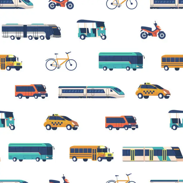 Vector illustration of Lively Seamless Pattern Featuring Various Public Transport Modes Like Buses, Trains, And Trams, Taxi, Bicycles, Scooters