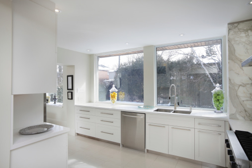 Interior of modern luxury kitchen in North American private residence.