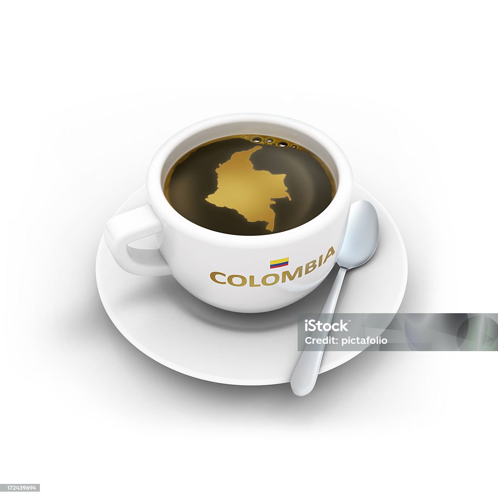 Colombia coffee cup Coffee cup with spone and the map of COLOMBIA textured on the coffee surface. 3D rendered isolated icon.. Black Coffee Stock Photo