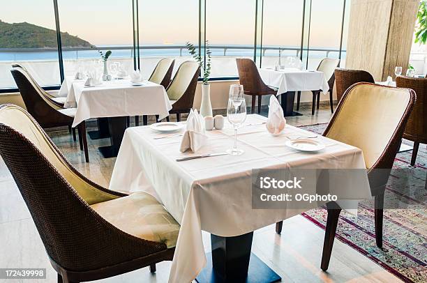 Tables At A Restaurant With An Ocean View Stock Photo - Download Image Now - Tablecloth, Table, Looking Through Window