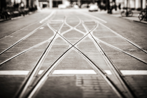 Tramway railway track points in Berlin, Alexanderplatz. Shallow DOF, selective focus (Tilt/Shift lens). http://santoriniphoto.com/TemplateBerlin.jpg 