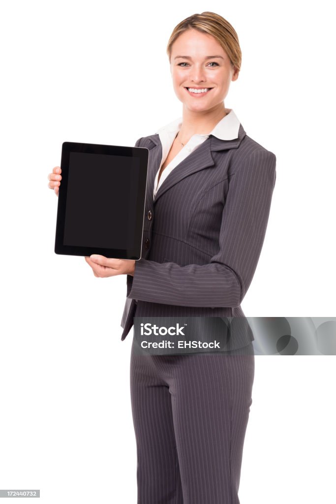 Giovane donna d'affari con Digital Tablet PC isolato su sfondo bianco - Foto stock royalty-free di Adulto