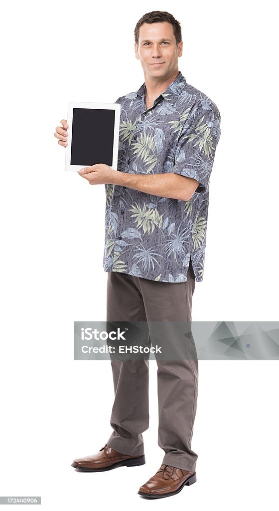 Casual homme habillé avec tablette numérique isolé sur fond blanc - Photo de Chemise hawaïenne libre de droits