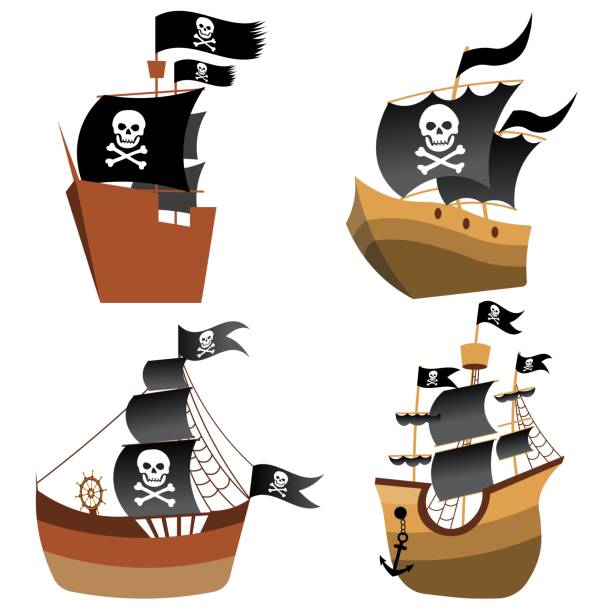 istock Pirate adventure.  Pirate set with a ship, a sailboat, a frigate and flags. 1724410452