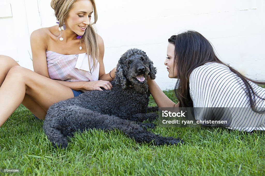 Estilo de vida: Duas mulheres bonitas Mini um Poodle preto - Royalty-free Abraçar Foto de stock