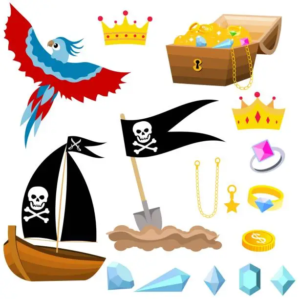 Vector illustration of Pirate adventure.  Pirate set with ship, parrot, chest, shovel and treasure.