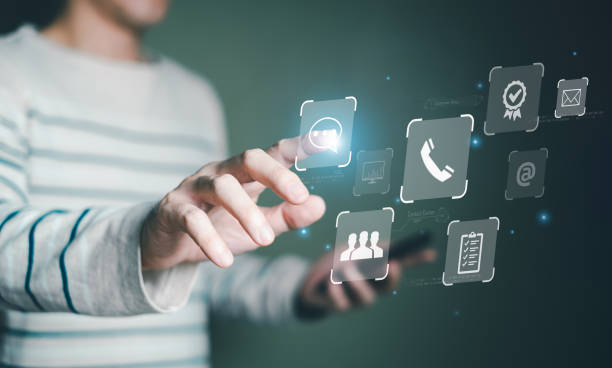 Men hand pointing touch contact for customer service support or purchase order payment from online shopping. Global marketing that business to connect with insight customer data. Global market support