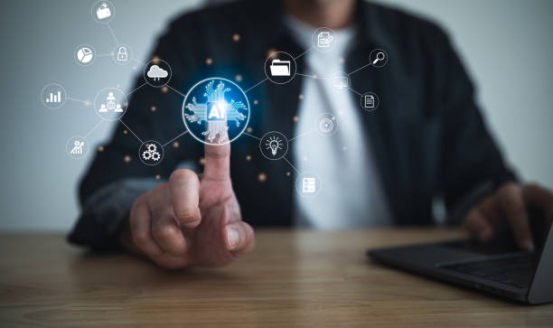 istock Man point finger touch virtual digital Ai network chain. Digital transformation change management, internet of things, smart Ai technology, IoT concepts of business icons smart Internet of Things. 1724416295