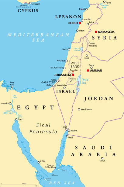 Israel and the Sinai Peninsula, the Southern Levant, political map Israel and the Sinai Peninsula, political map. The Southern Levant, an arid geographical and historical region, encompassing Israel, Palestine, Jordan, Lebanon, southern Syria and the Sinai Peninsula. dead sea stock illustrations