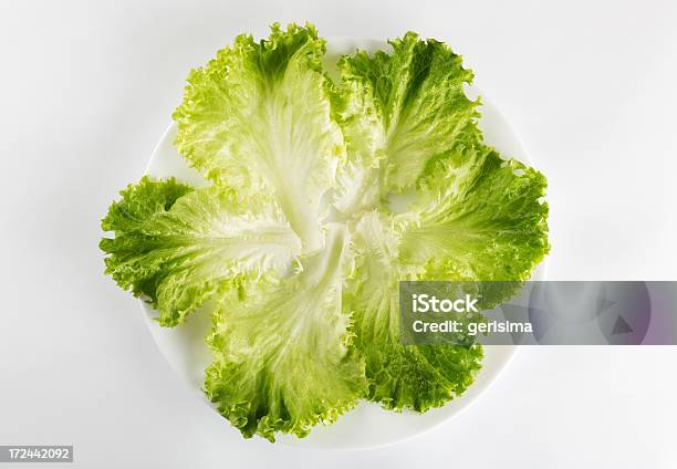 Plato De Porcelana Y Fresca Lechuga Verde Foto de stock y más banco de imágenes de Alimento - Alimento, Blanco - Color, Cena