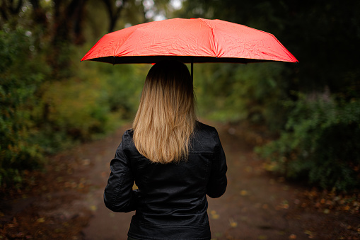 Silhouette of a girl from the back under an umbrella. A red umbrella in the fall