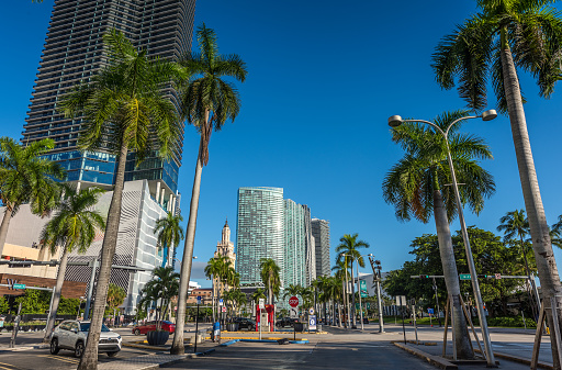 Miami, United States - October 7, 2023: Sunny and calm morning near the Freedom Tower, a tourist attraction building, which has been seen surrounded by gigantic and modern skyscrapers, in the historic center of Miami, Florida, USA.