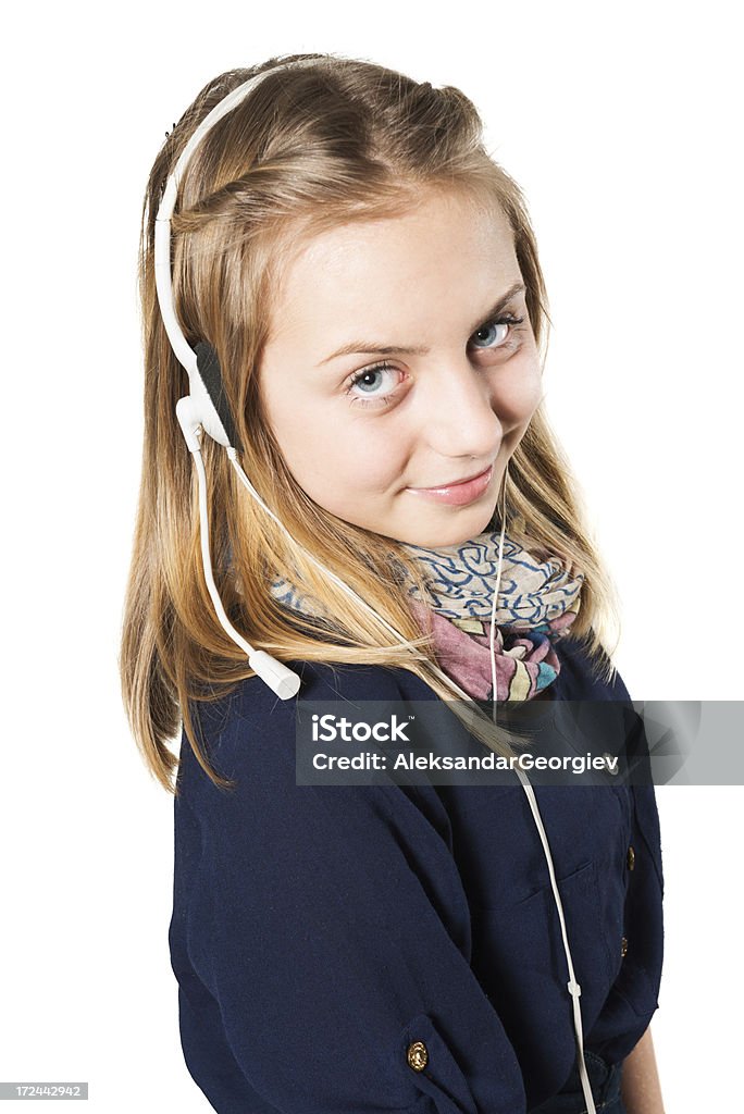 Mujer rubia linda poco agente de servicio al cliente con auriculares - Foto de stock de Agente de servicio al cliente libre de derechos