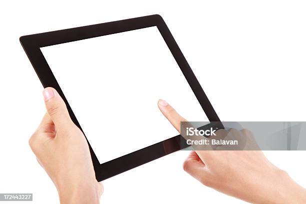 Zwei Hände Halten Einer Schwarz Digitale Tablet Stockfoto und mehr Bilder von Tablet PC - Tablet PC, Weißer Hintergrund, Ankündigung