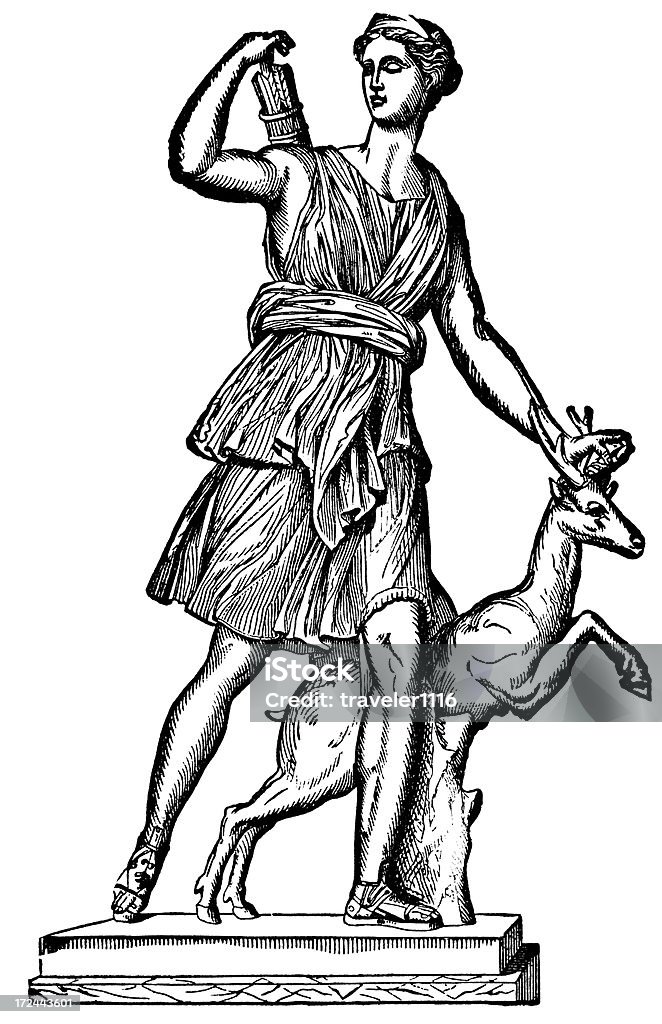 Diana "Engraving From 1882 Featuring The Roman Goddess Of The Hunt, Diana.  In Greek Mythology She Is Known As Artemis." 19th Century stock illustration