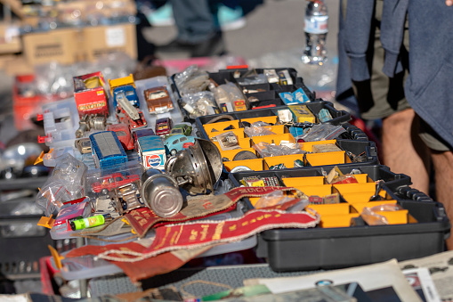 Sofia, Bulgaria - October 08, 2023: Autumn retro bazaar in Sofia on old or retro cars, spare parts, socialist and western auto literature, radios, taperaphones and turntables.