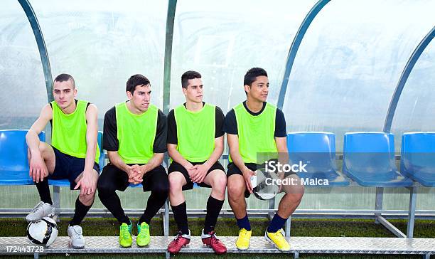 Reserve Soccer Players On The Bench Stock Photo - Download Image Now - Soccer, Sports Dugout, Bench