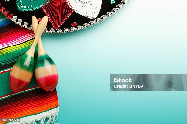 Maracas Sombrero And Mexican Blanket Stock Photo - Download Image Now - Mexican Culture, Backgrounds, Celebration