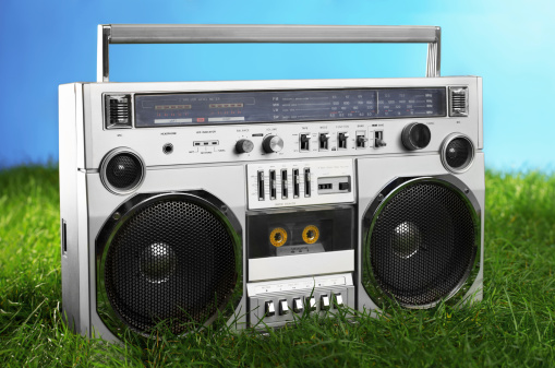 1980s Silver radio boom box  on  green grass