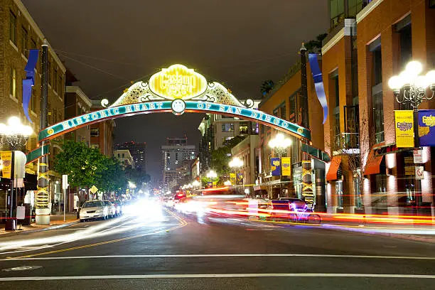 Night shot of Gaslamp Quarter in San Diego California. Long exposure.