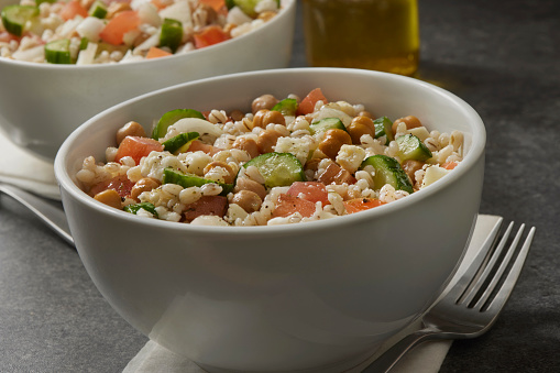 Greek Style Barley Salad with Feta, Tomatoes, Cucumber, Onion and Chickpeas