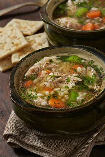 Chicken and Barley, Vegetable Soup with Onions, Carrots, Celery and Saltine Crackers